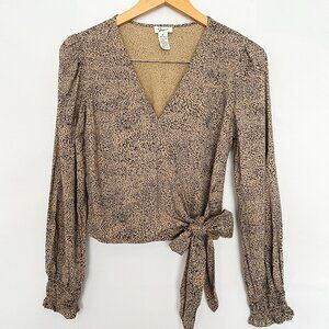 Japna Faux Wrap Animal Print Top Cropped Long Sleeve Tie Waist Size Small